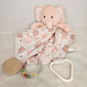 Modern Baby Pink Elephant Heart Lovey Security Blanket Rattle Teether Toy 12X12
